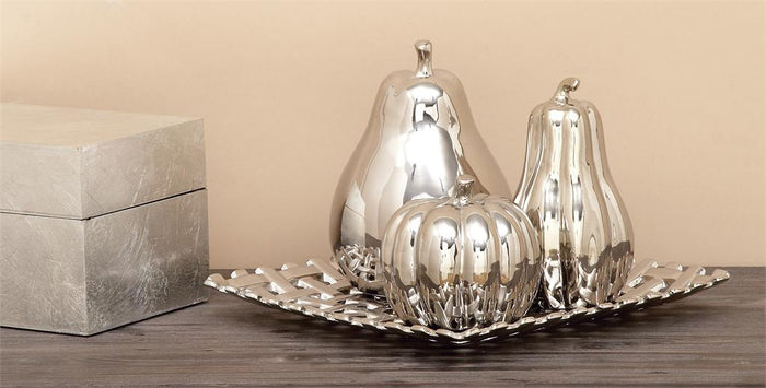 SILVER CERAMIC FRUIT DECORATIVE SCULPTURE WITH PLATE,