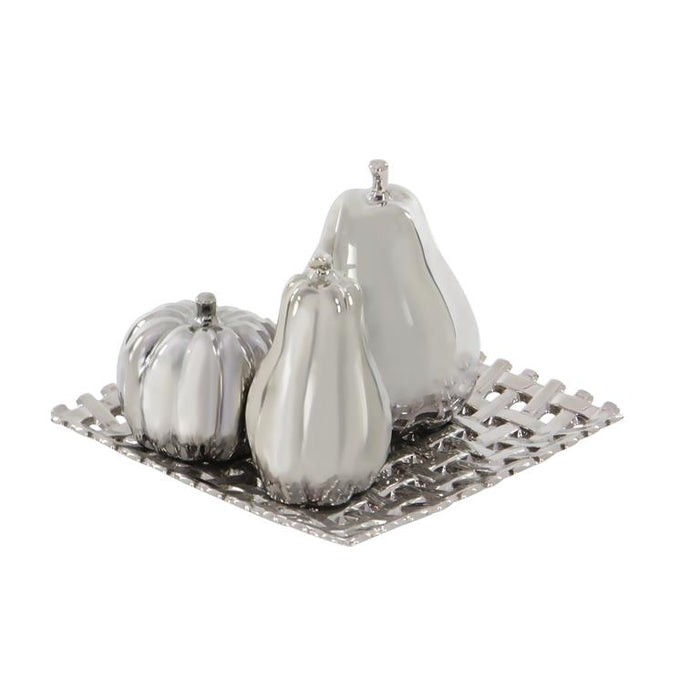 SILVER CERAMIC FRUIT DECORATIVE SCULPTURE WITH PLATE,