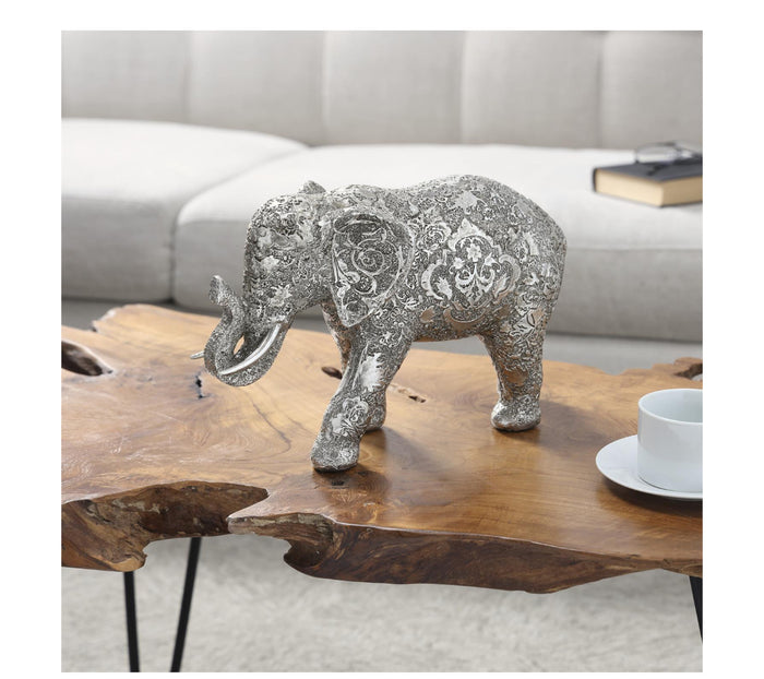 SILVER POLYSTONE ELEPHANT ENGRAVED FLORAL SCULPTURE, 6" X 14" X 9"