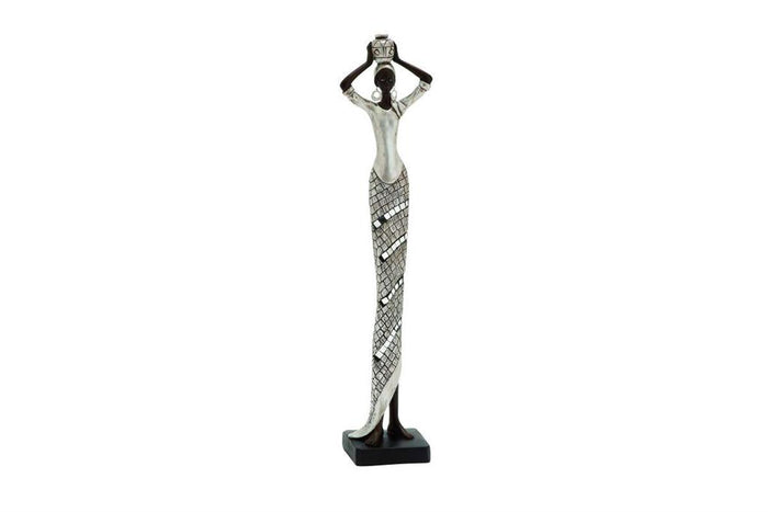 SILVER POLYSTONE WOMAN STANDING AFRICAN SCULPTURE WITH MOSAIC DETAILS