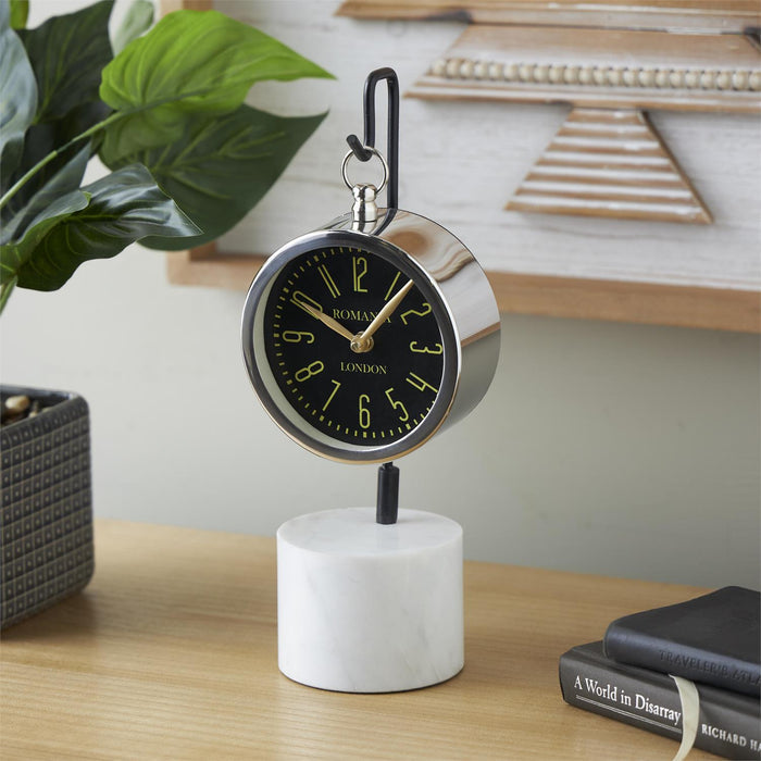 Silver Stainless Steel Metal Suspended Decorative Clock with Black and White Stand