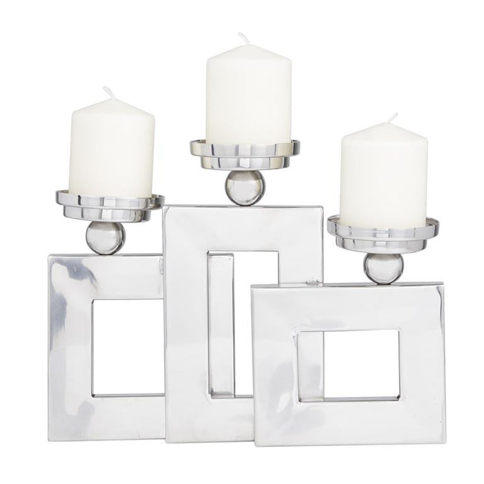 SILVER STAINLESS STEEL PILLAR 3 PLATE CANDLE HOLDER