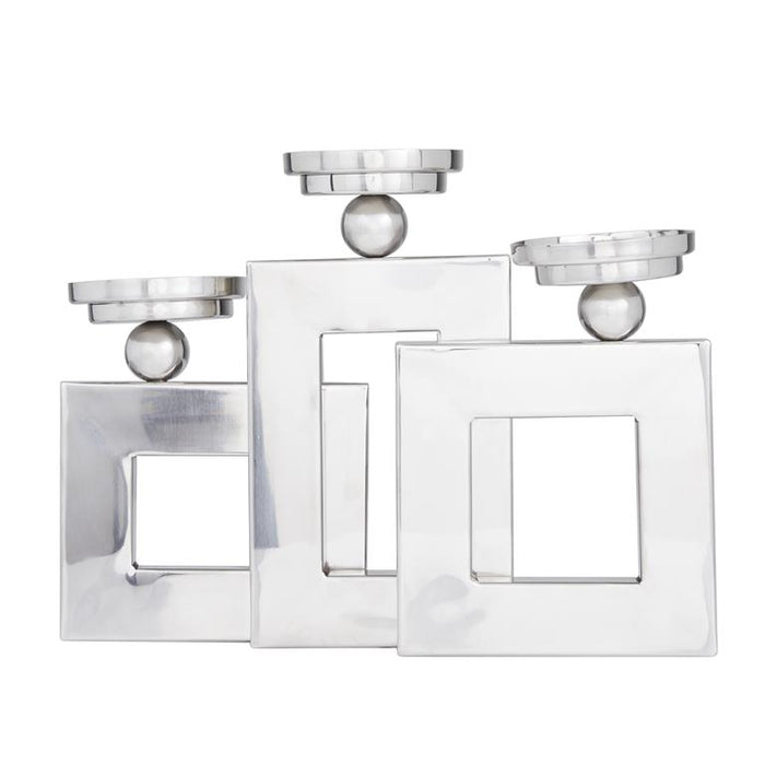 SILVER STAINLESS STEEL PILLAR 3 PLATE CANDLE HOLDER