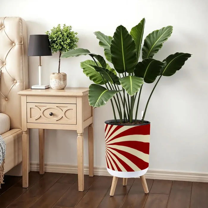 Sunburst 70s Style Planter with Wooden Legs: Retro Midcentury Home Decor - retro plant pot