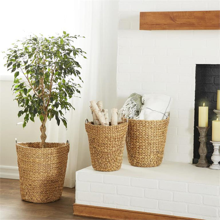 TAN SEAGRASS HANDMADE STORAGE BASKET WITH METAL HANDLES