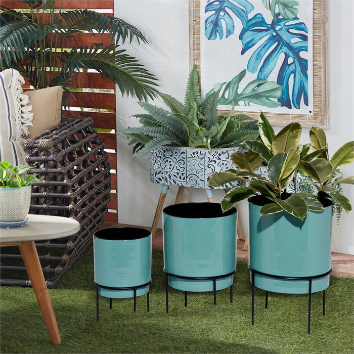 TEAL METAL INDOOR OUTDOOR PLANTER WITH REMOVABLE BLACK STAND