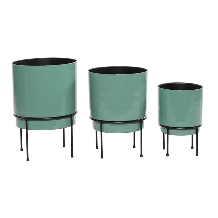 TEAL METAL INDOOR OUTDOOR PLANTER WITH REMOVABLE BLACK STAND