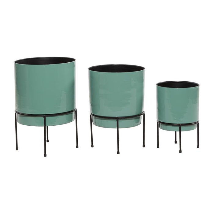 TEAL METAL INDOOR OUTDOOR PLANTER WITH REMOVABLE BLACK STAND