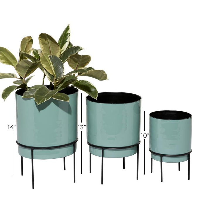 TEAL METAL INDOOR OUTDOOR PLANTER WITH REMOVABLE BLACK STAND