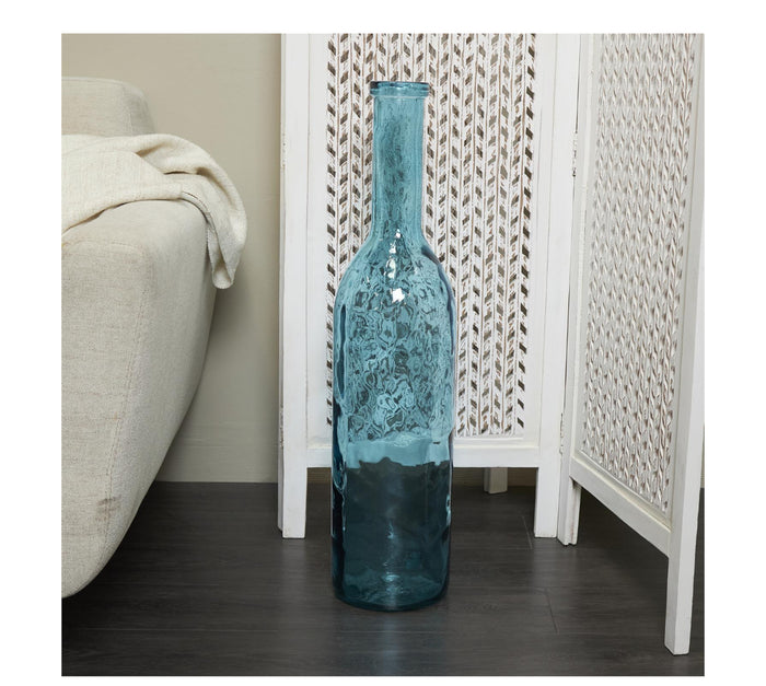 TEAL RECYCLED GLASS TALL SPANISH BOTTLENECK VASE, 7" X 7" X 30"