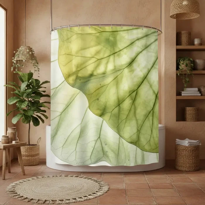 Translucent Green Leaf Vein Shower Curtain: Pastel Botanical Home Decor - retro bathroom
