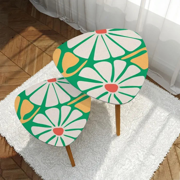 Triangle 60s Retro Tripod Nesting Table Set Daisies on Green - One Size - retro nesting tables
