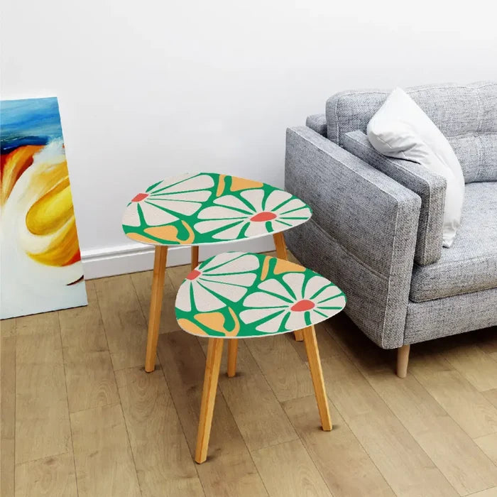 Triangle 60s Retro Tripod Nesting Table Set Daisies on Green - One Size - retro nesting tables