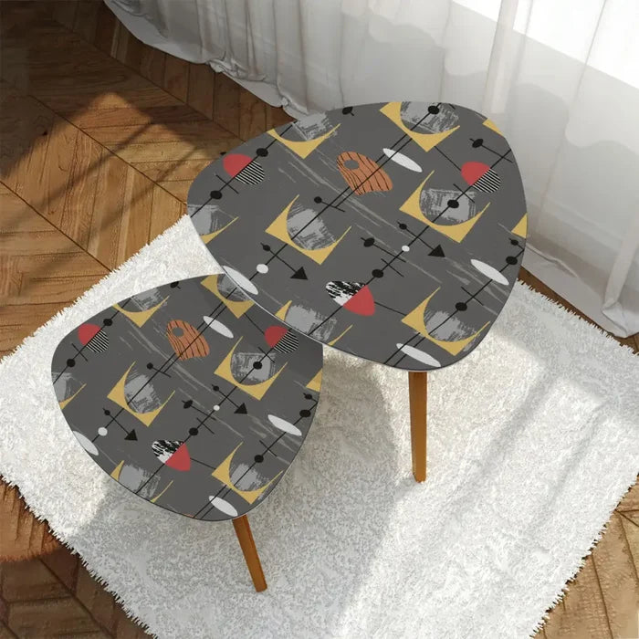 Triangle 60s Retro Tripod Nesting Table Set Grey Pattern - One Size - retro nesting tables
