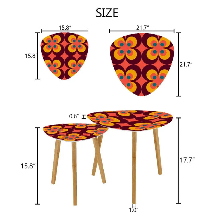 Triangle 60s Retro Tripod Nesting Table Set Orange Flowers - One Size - retro nesting tables