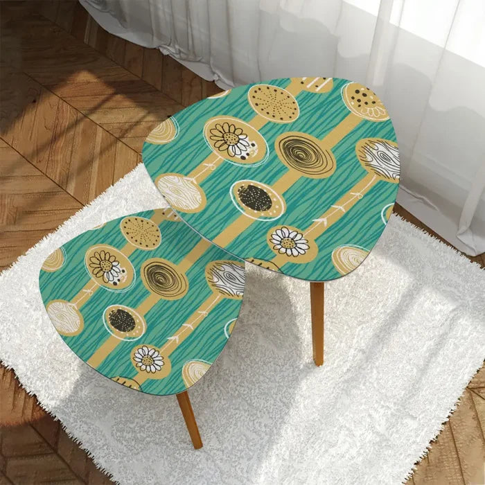 Triangle 60s Retro Tripod Nesting Table Set Turquoise Pattern - One Size - retro nesting tables