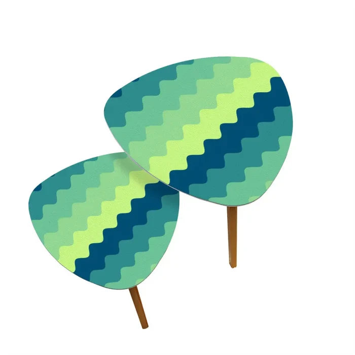 Triangle 70s Retro Tripod Nesting Table Set Wavy Green Blue - One Size - retro nesting tables