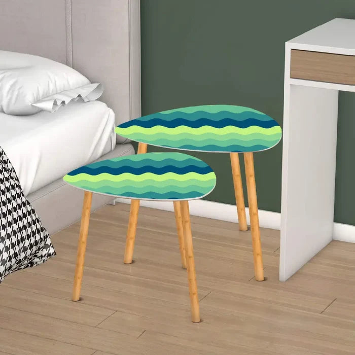 Triangle 70s Retro Tripod Nesting Table Set Wavy Green Blue - One Size - retro nesting tables