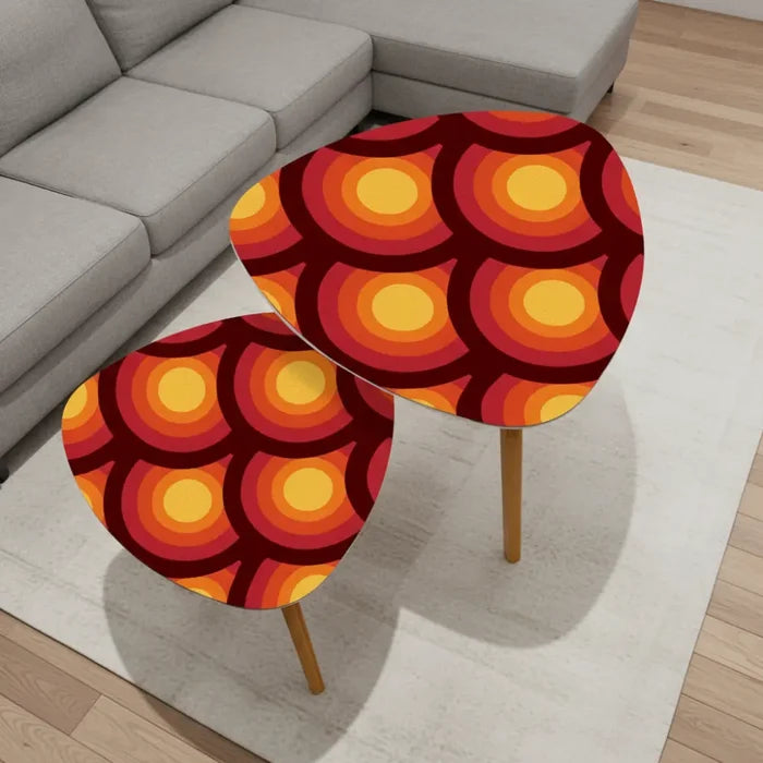 Triangle Peacock Eyes 70s Retro Tripod Nesting Table Set - Orange Red - retro ads