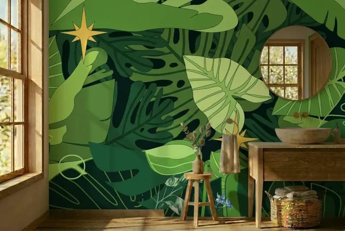 Tropical Leaves Monstera Removable Wallpaper - Stick and Peel Midcentury - 144’’x100’’ - retro wallpaper