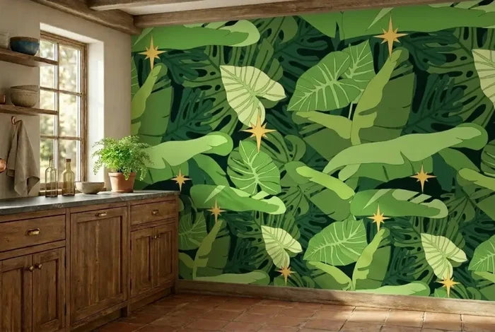 Tropical Leaves Monstera Removable Wallpaper - Stick and Peel Midcentury - 144’’x100’’ - retro wallpaper