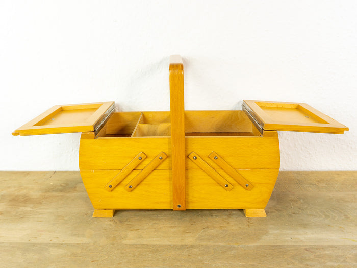 Vintage 1970s Sewing Box – Light Wood with Red Knobs and Handles