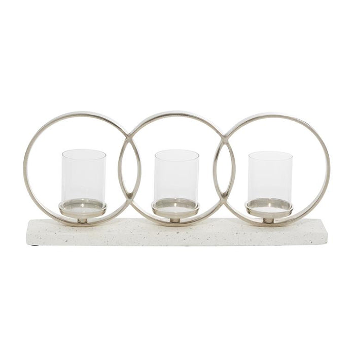WHITE ALUMINUM PILLAR 3 GLASS SLEEVE CANDELABRA WITH ALUMINUM ACCENTS