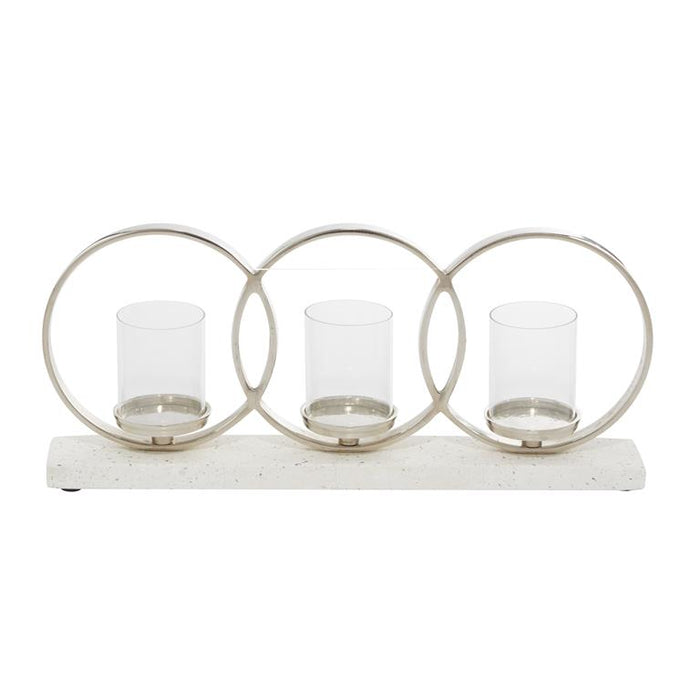 WHITE ALUMINUM PILLAR 3 GLASS SLEEVE CANDELABRA WITH ALUMINUM ACCENTS