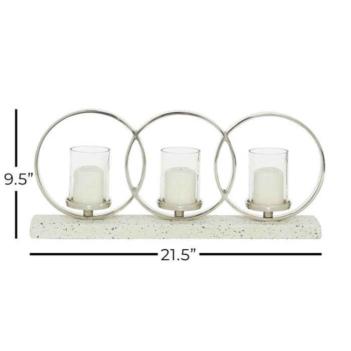 WHITE ALUMINUM PILLAR 3 GLASS SLEEVE CANDELABRA WITH ALUMINUM ACCENTS