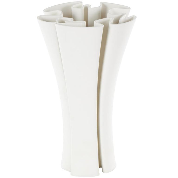 White Ceramic Abstract Ribbed Dimensional Folded Decorative Vase with Curvy Rim