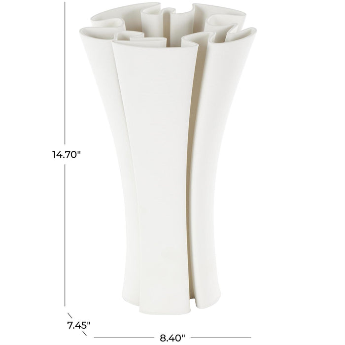 White Ceramic Abstract Ribbed Dimensional Folded Decorative Vase with Curvy Rim