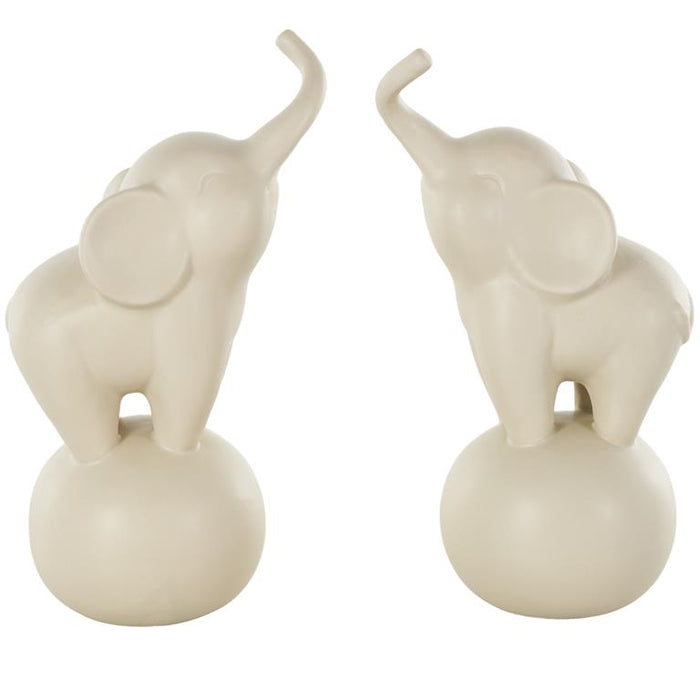 White Ceramic Elephant Trumpeting Decorative Sculpture with Round Base