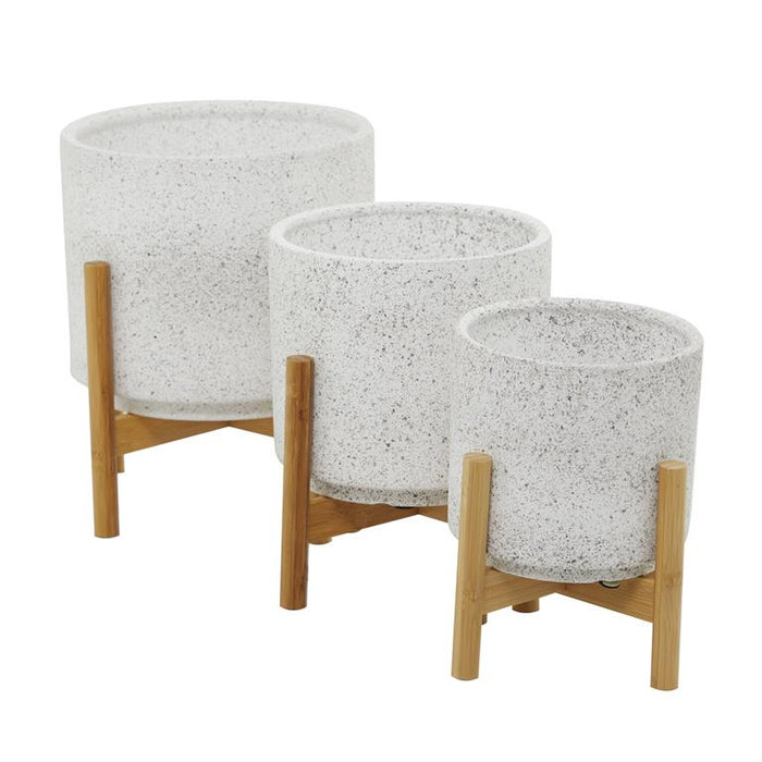 WHITE CERAMIC PLANTER WITH REMOVABLE WOOD STAND