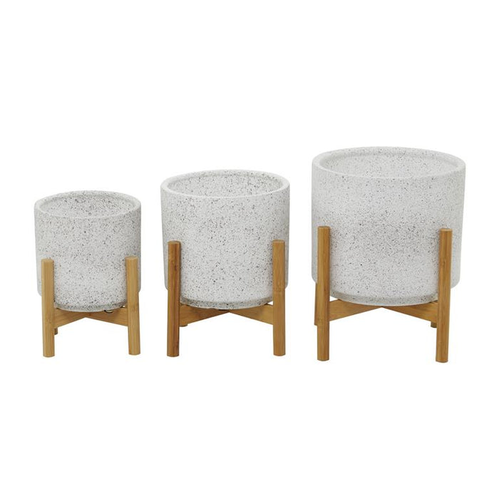 WHITE CERAMIC PLANTER WITH REMOVABLE WOOD STAND