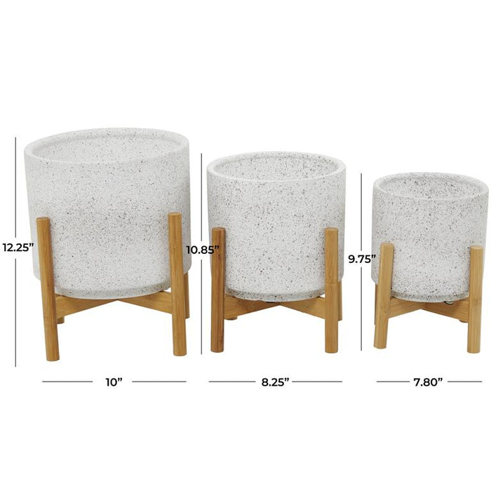 WHITE CERAMIC PLANTER WITH REMOVABLE WOOD STAND