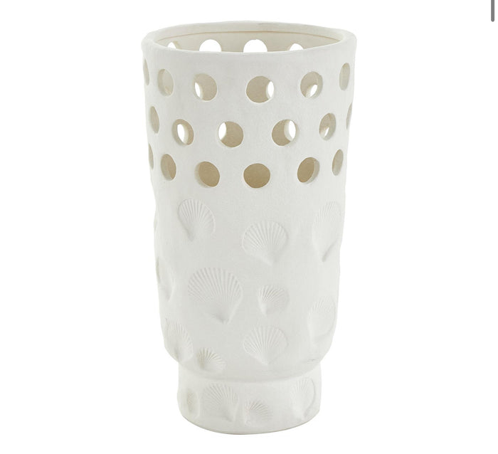 WHITE CERAMIC SHELL VASE WITH CIRCULAR CUTOUTS, 7" X 7" X 13