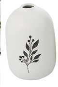 WHITE CERAMIC VASE WITH BLACK LEAF AND BERRY PRINTS,