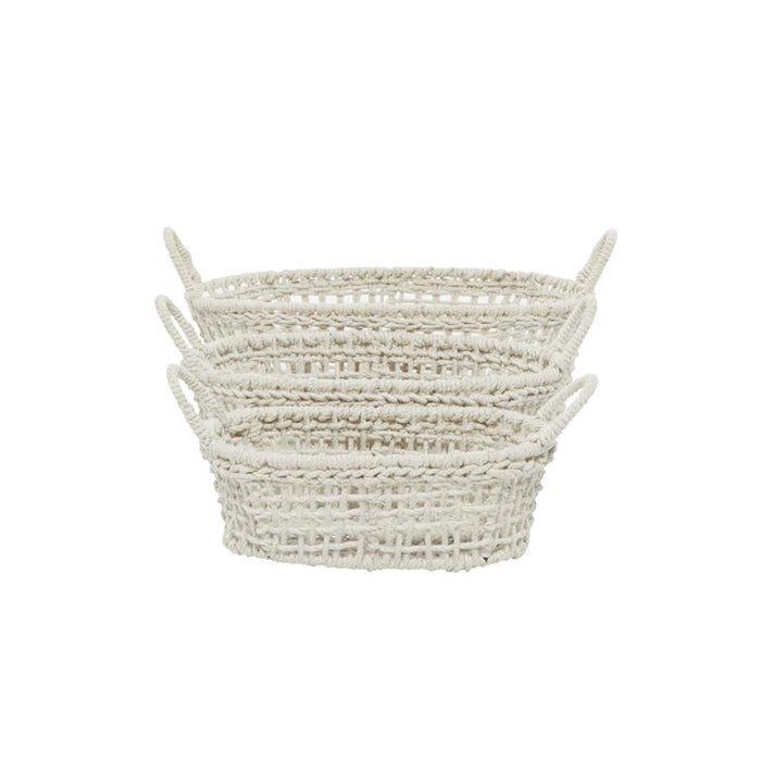 WHITE COTTON HANDMADE STORAGE BASKET WITH HANDLES