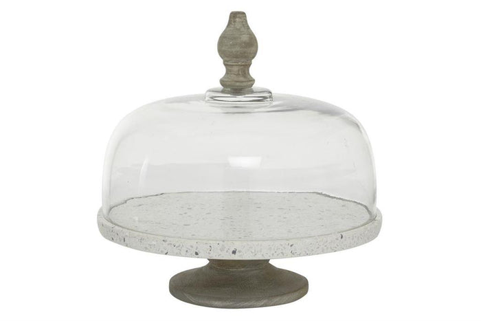 WHITE GLASS AND METAL CONTEMPORARY CAKE STAND WITH CLOCHE