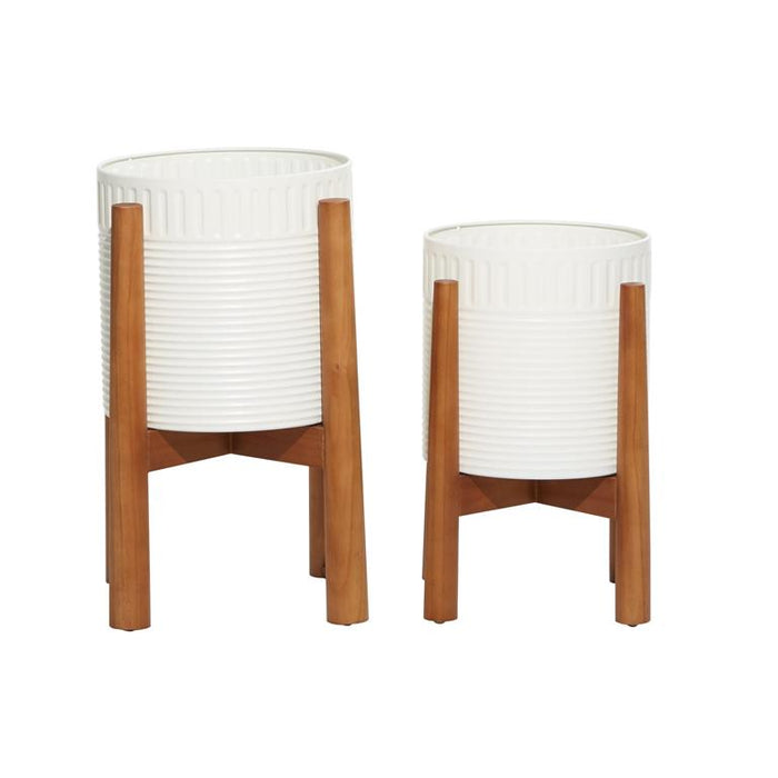 WHITE METAL INDOOR OUTDOOR PLANTER WITH REMOVABLE WOOD STAND