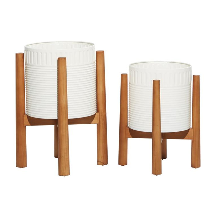 WHITE METAL INDOOR OUTDOOR PLANTER WITH REMOVABLE WOOD STAND