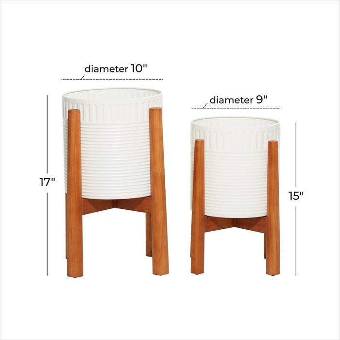 WHITE METAL INDOOR OUTDOOR PLANTER WITH REMOVABLE WOOD STAND