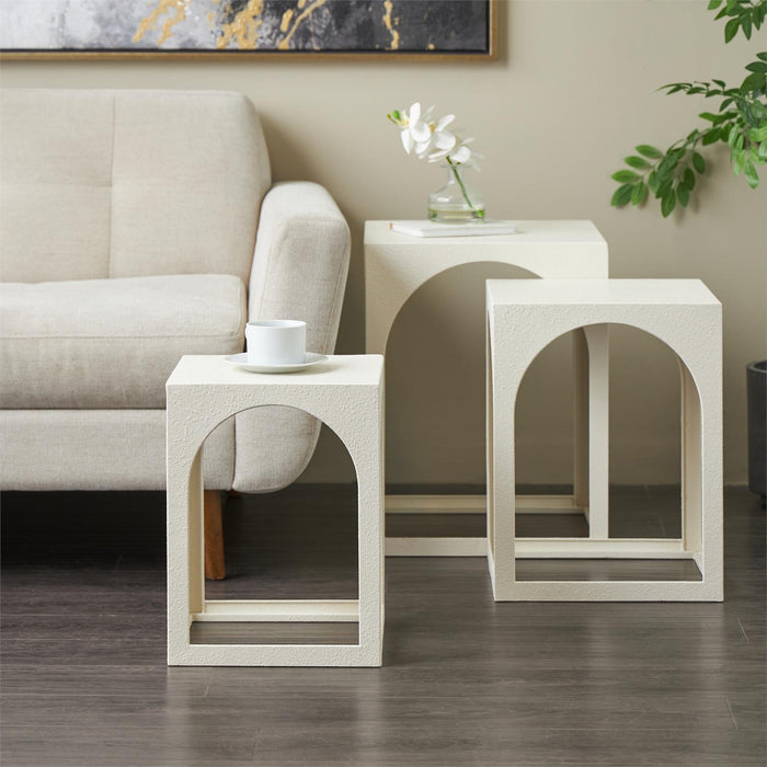White Metal Nested Side End Accent Table with Arched Cutouts