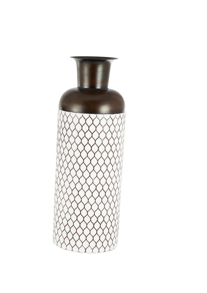 White Metal Tall Teardrop Shaped Decorative Vase with Brown Trumpet Tops