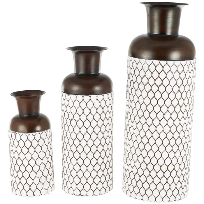 White Metal Tall Teardrop Shaped Decorative Vase with Brown Trumpet Tops
