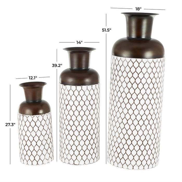 White Metal Tall Teardrop Shaped Decorative Vase with Brown Trumpet Tops