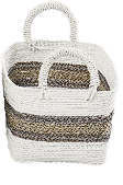 WHITE PLASTIC RATTAN HANDMADE TWO TONED STORAGE BASKET WITH HANDLES