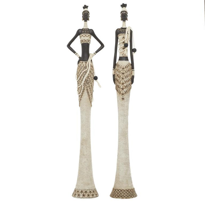 WHITE POLYSTONE WOMAN STANDING AFRICAN SCULPTURE WITH INTRICATE DETAILS 1 PIECE