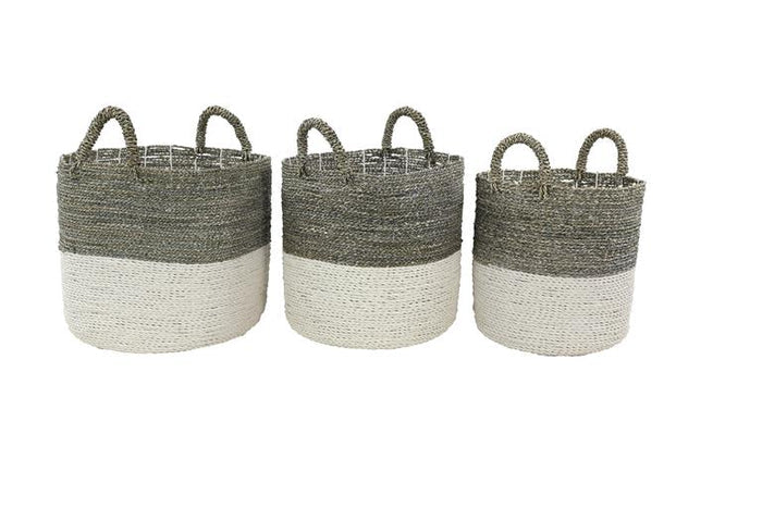 White Seagrass Handmade Two Toned Decorative and Functional Storage Basket with Handles