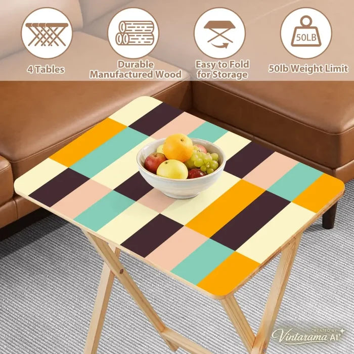 Wooden TV Dinner Trays Set of 4 with Storage Rack – Retro Folding Tables - 4 Pack - retro tv tray